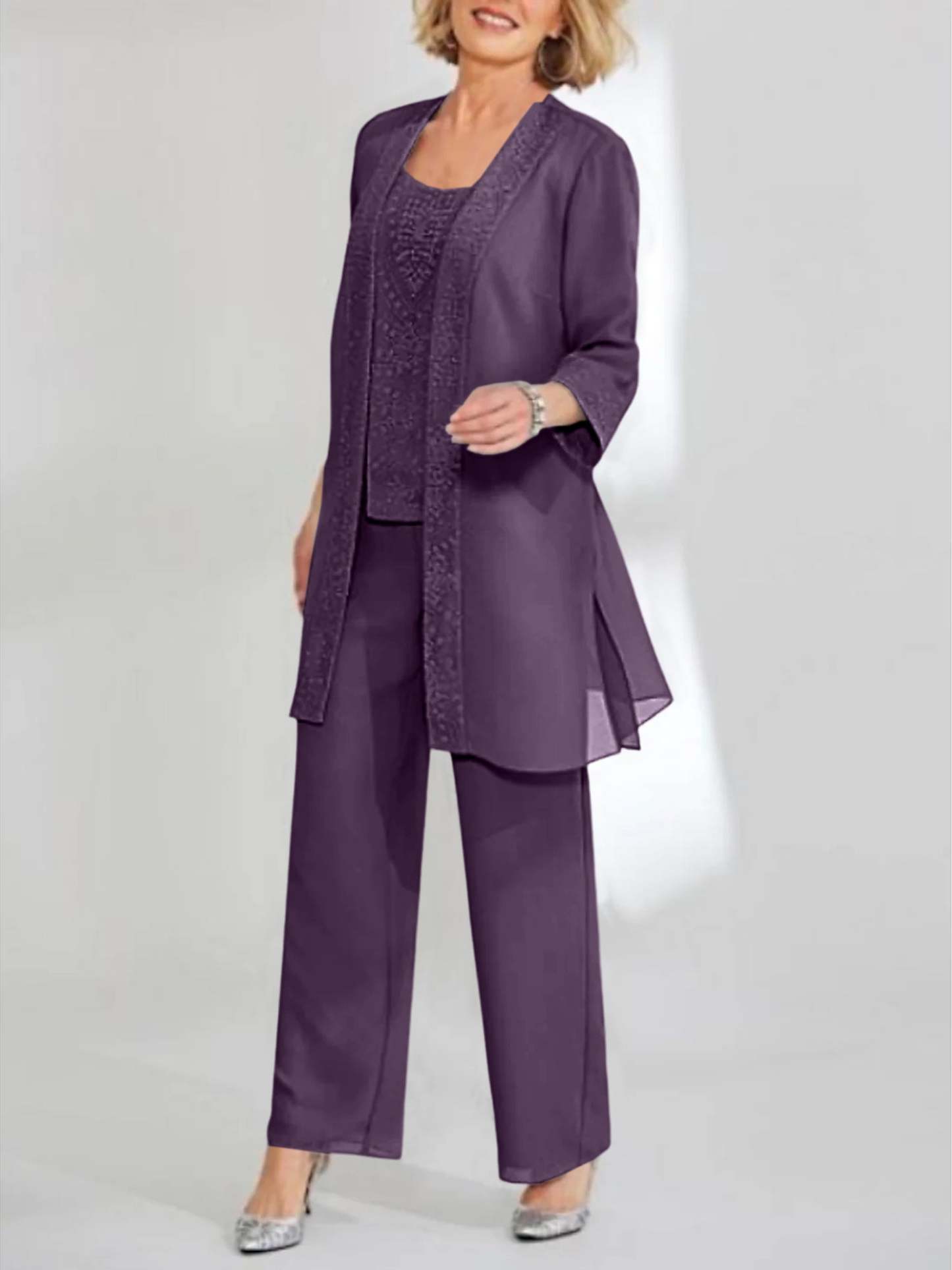 Ankle-Length Chiffon Mother of the Bride Pantsuit with Jacket in Scoop Style