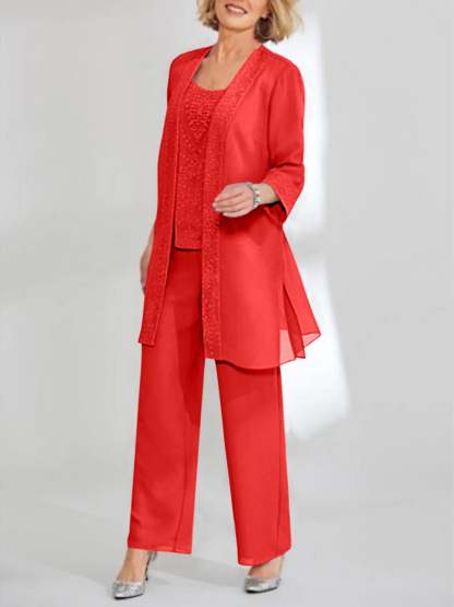 Ankle-Length Chiffon Mother of the Bride Pantsuit with Jacket in Scoop Style