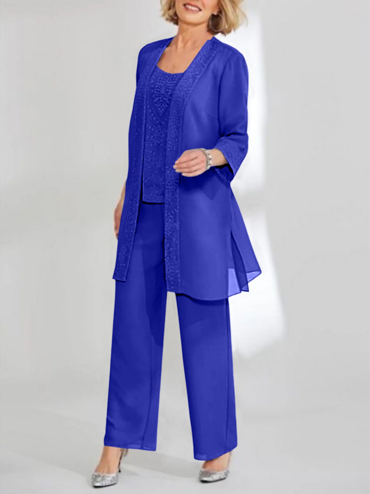 Ankle-Length Chiffon Mother of the Bride Pantsuit with Jacket in Scoop Style