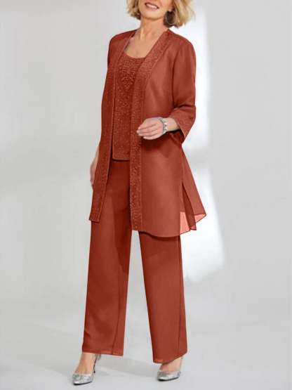 Ankle-Length Chiffon Mother of the Bride Pantsuit with Jacket in Scoop Style