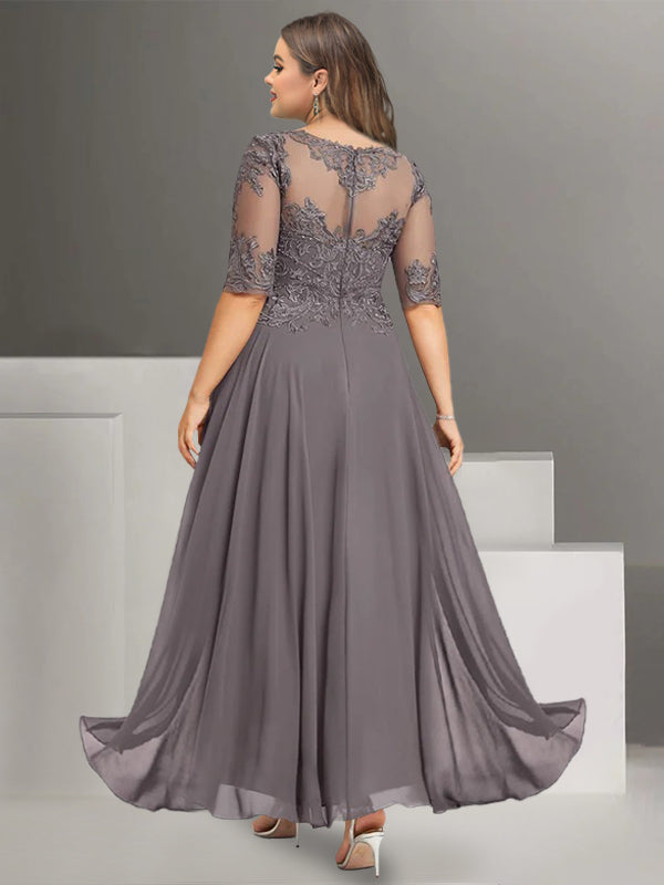 Ankle-Length Plus Size Chiffon Mother of the Bride Pantsuit with Lace and Jewel Neck