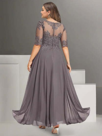 Ankle-Length Plus Size Chiffon Mother of the Bride Pantsuit with Lace and Jewel Neck