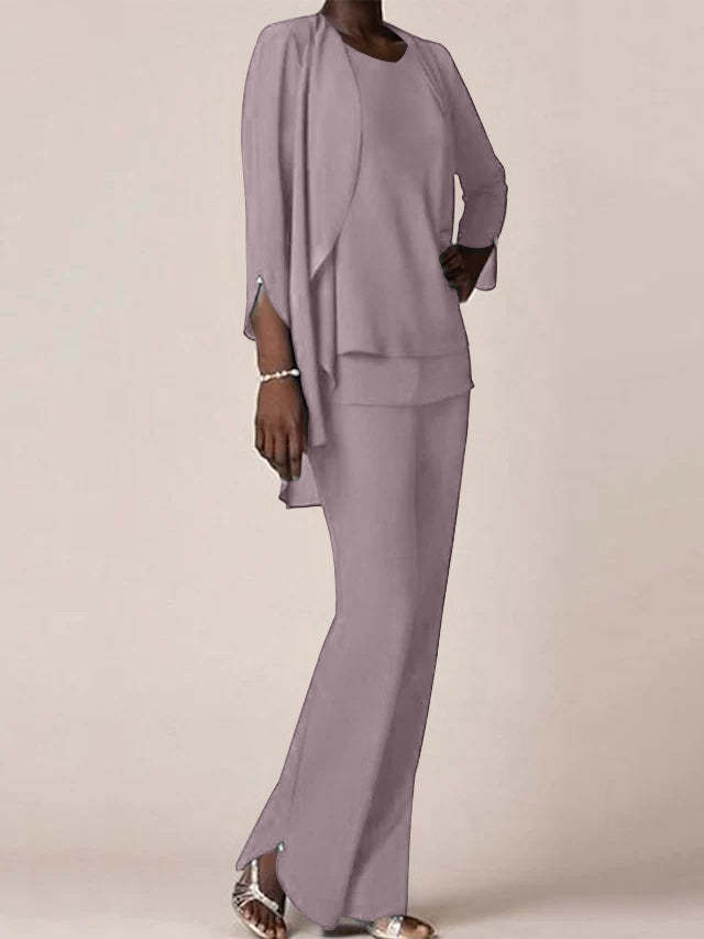 Floor-Length V-Neck Chiffon Pantsuit with Ruffles for the Mother of the Bride