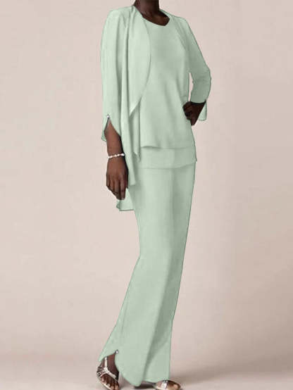 Floor-Length V-Neck Chiffon Pantsuit with Ruffles for the Mother of the Bride