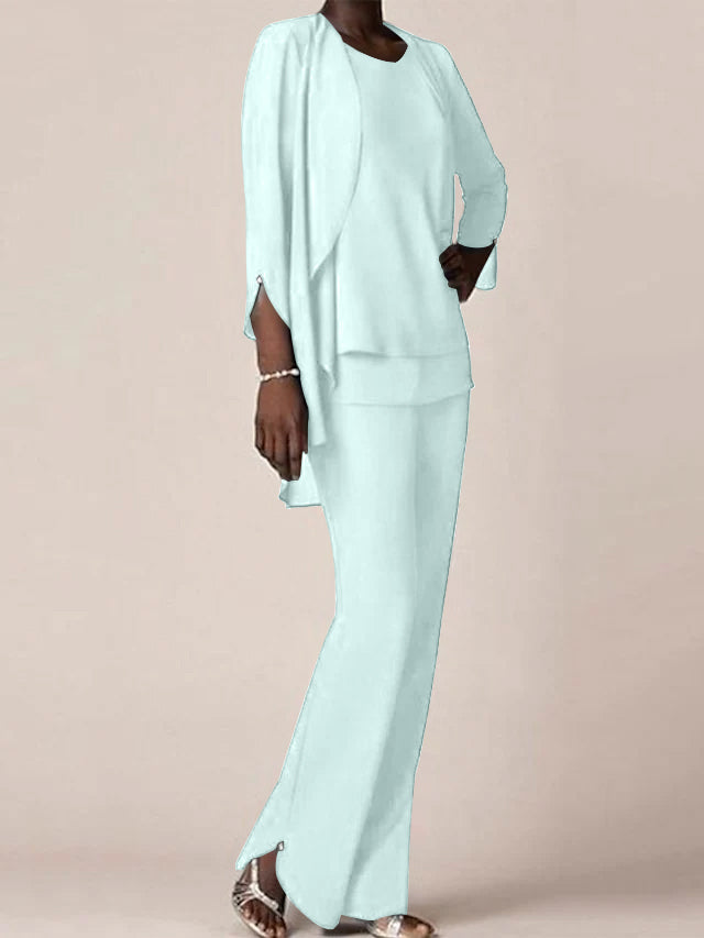 Floor-Length V-Neck Chiffon Pantsuit with Ruffles for the Mother of the Bride