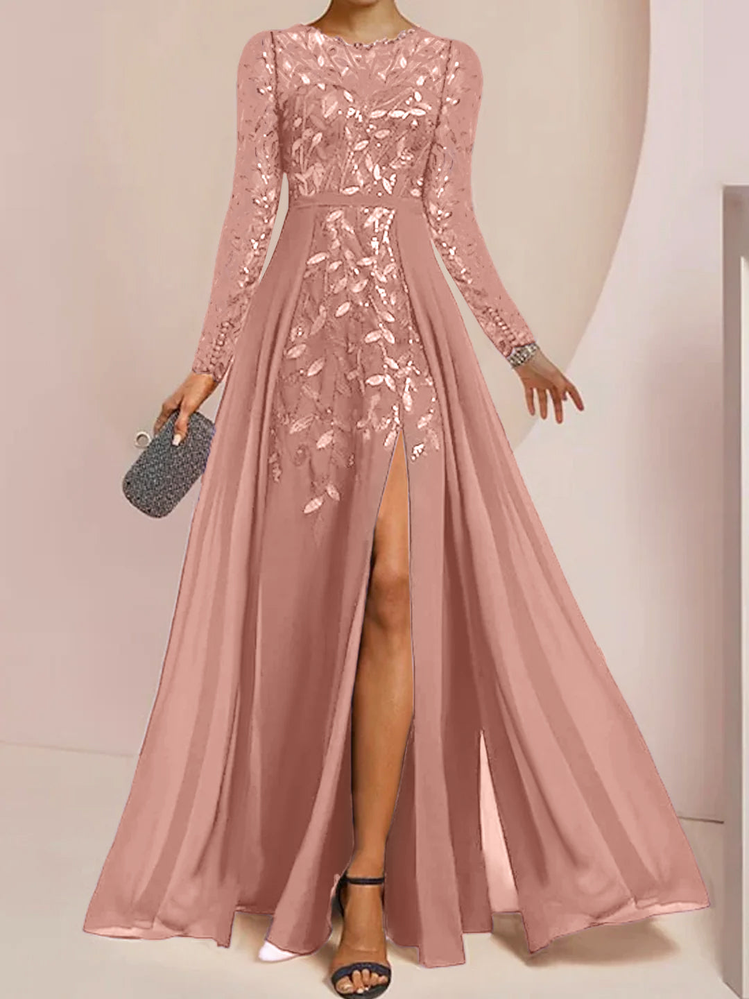 Floor-Length Mother of the Bride A-Line Dress with Scoop Neck Long Sleeves Side Split Ruffles and Sequins