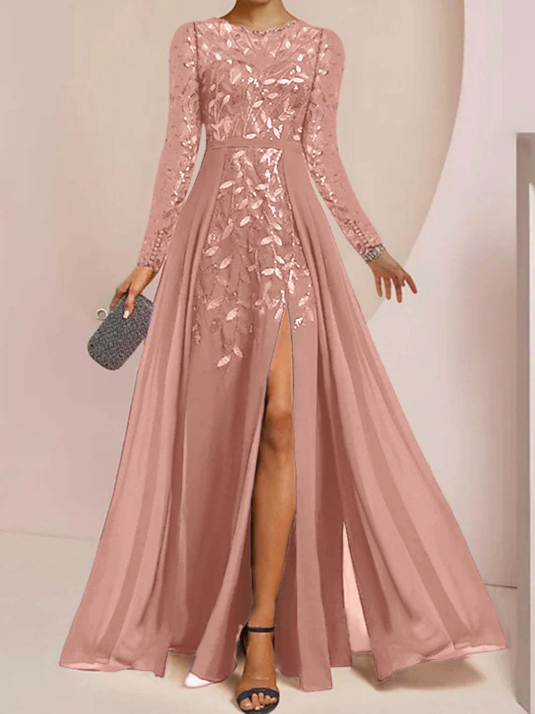 Floor-Length Mother of the Bride A-Line Dress with Scoop Neck Long Sleeves Side Split Ruffles and Sequins