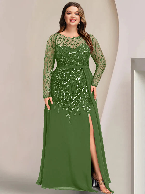 Plus Size Floor-Length Mother of the Bride A-Line Dress with Scoop Neck Long Sleeves Side Split Ruffles & Sequins