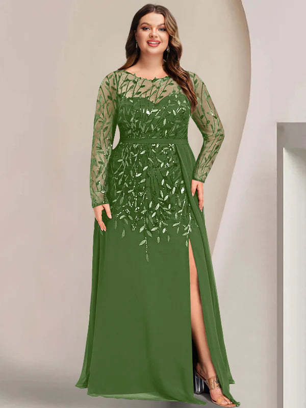 Plus Size Floor-Length Mother of the Bride A-Line Dress with Scoop Neck Long Sleeves Side Split Ruffles & Sequins