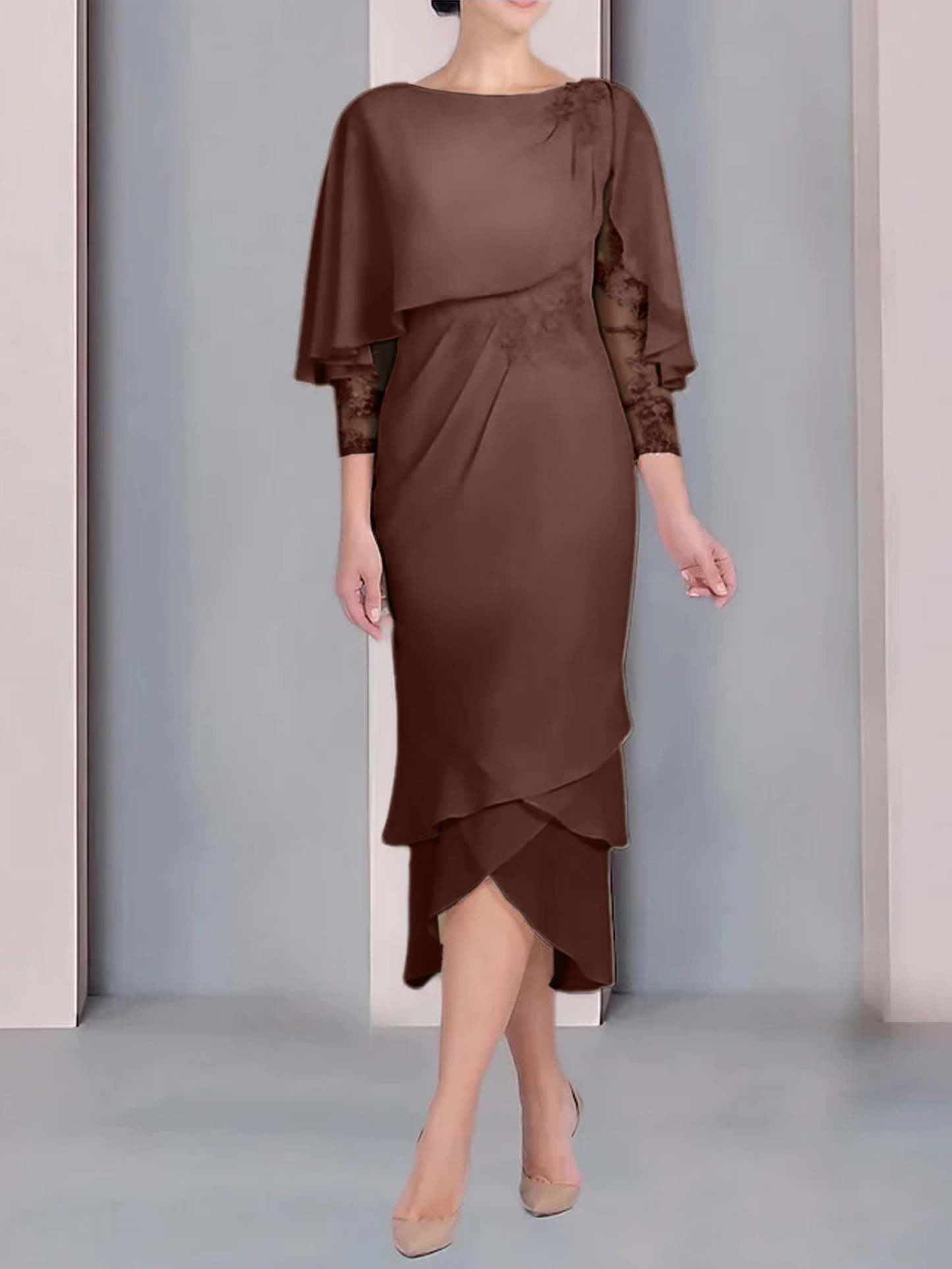 Tea-Length Mother of the Bride Dress with Scoop Neck Short Sleeves and Appliqued Lace