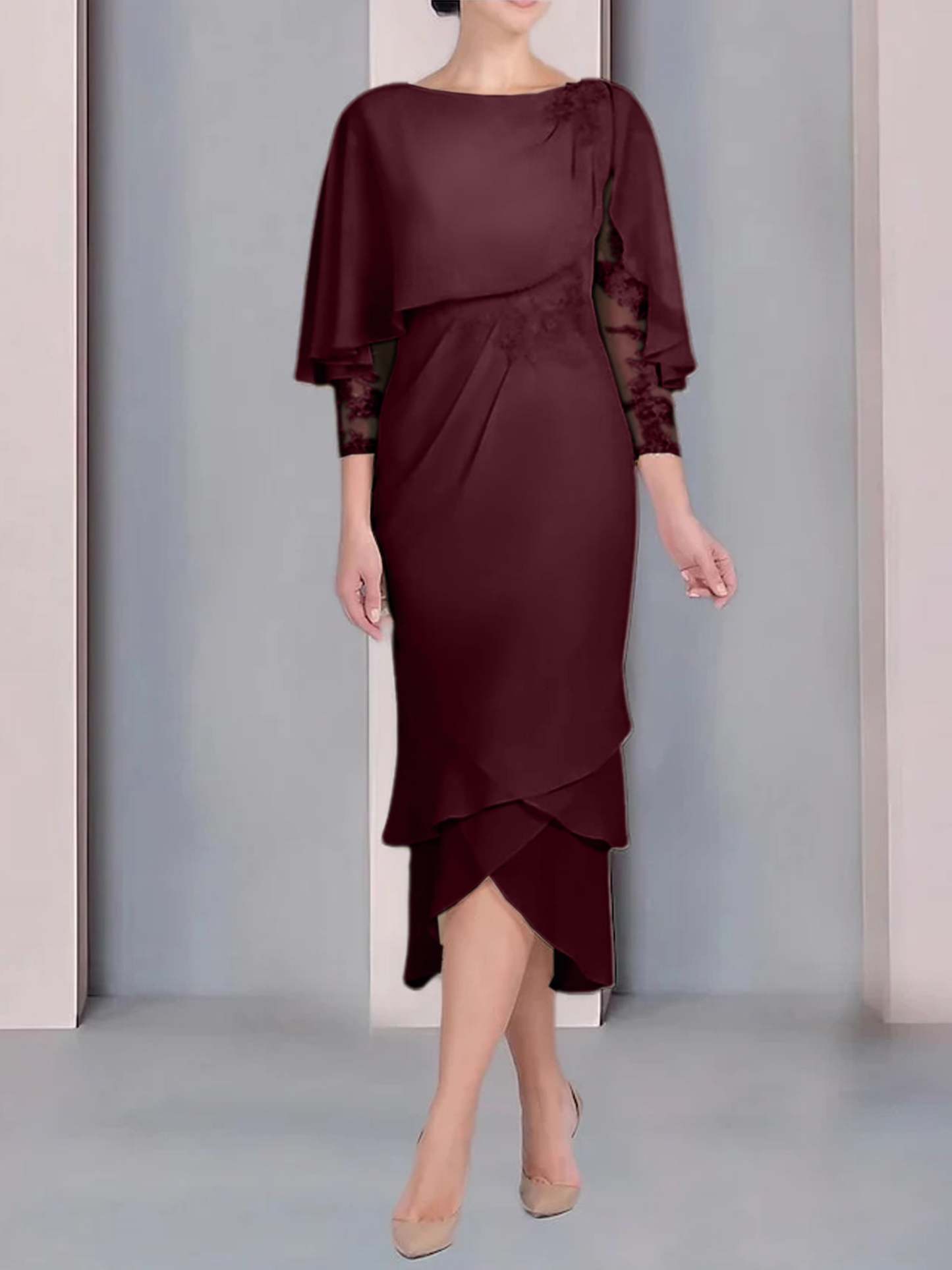 Tea-Length Mother of the Bride Dress with Scoop Neck Short Sleeves and Appliqued Lace