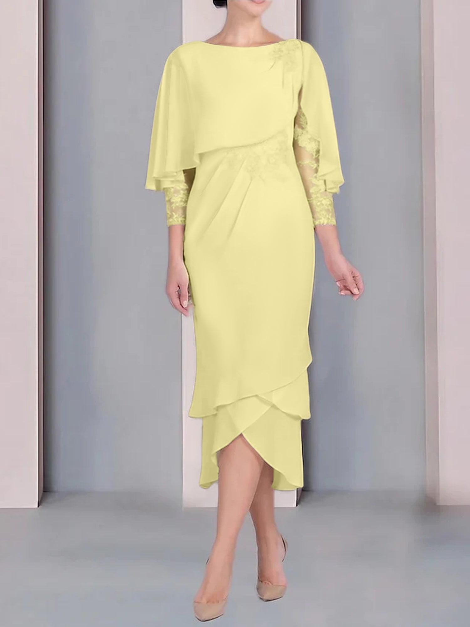 Tea-Length Mother of the Bride Dress with Scoop Neck Short Sleeves and Appliqued Lace