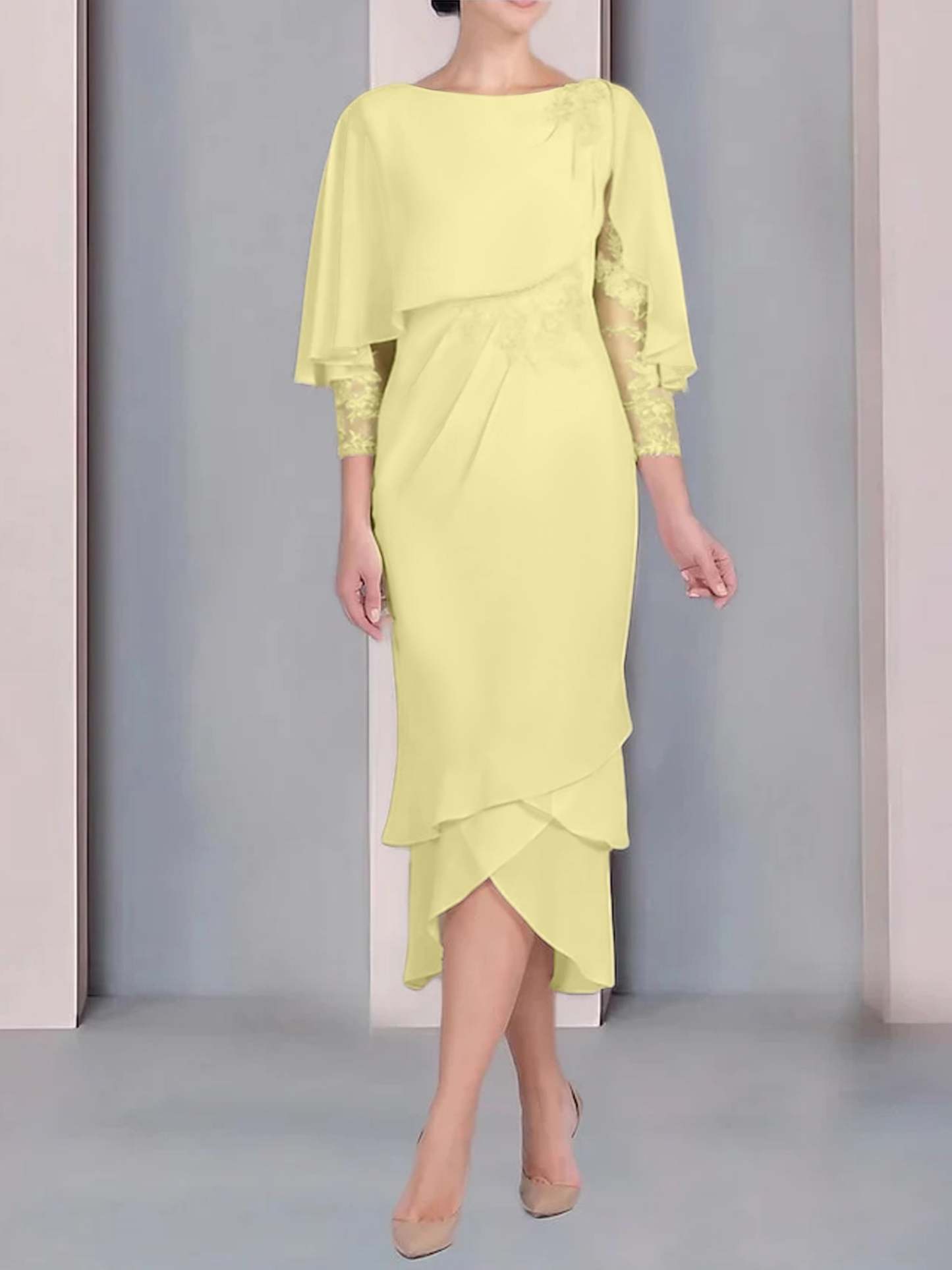 Tea-Length Mother of the Bride Dress with Scoop Neck Short Sleeves and Appliqued Lace