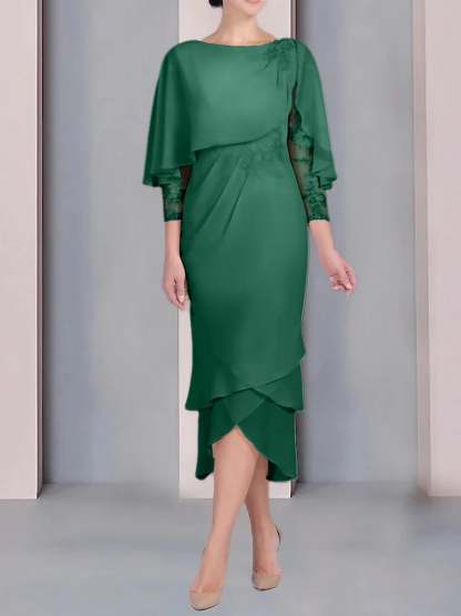 Tea-Length Mother of the Bride Dress with Scoop Neck Short Sleeves and Appliqued Lace