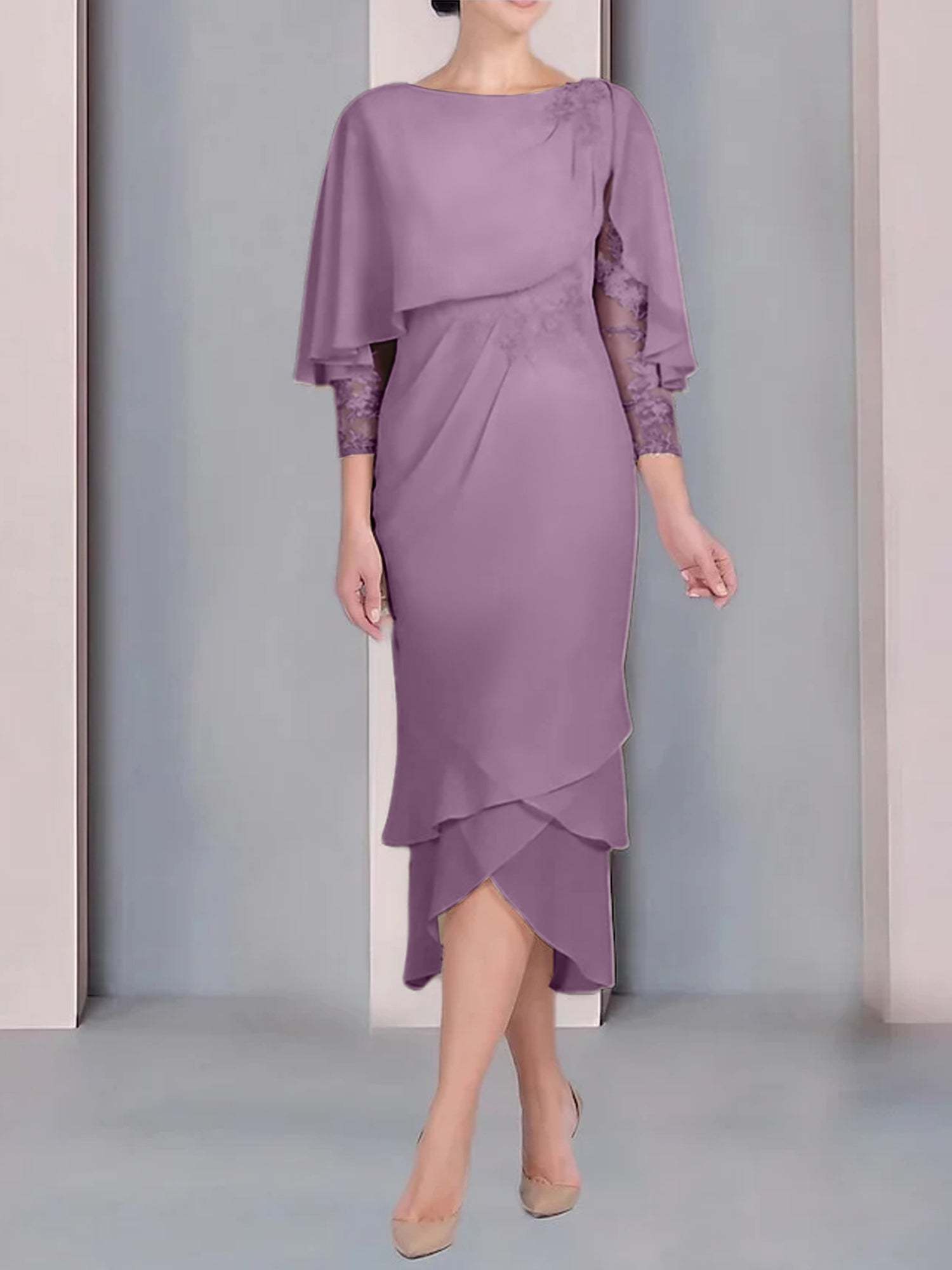 Tea-Length Mother of the Bride Dress with Scoop Neck Short Sleeves and Appliqued Lace