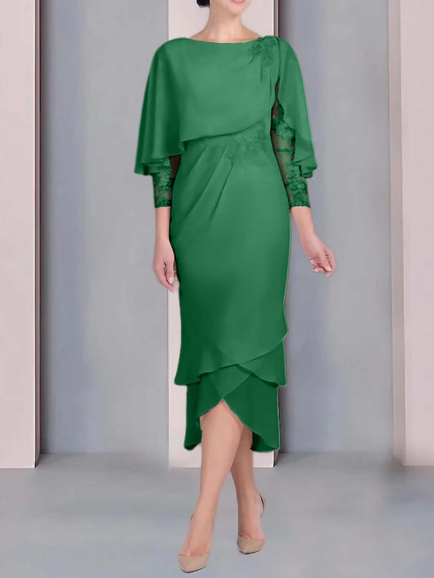 Tea-Length Mother of the Bride Dress with Scoop Neck Short Sleeves and Appliqued Lace