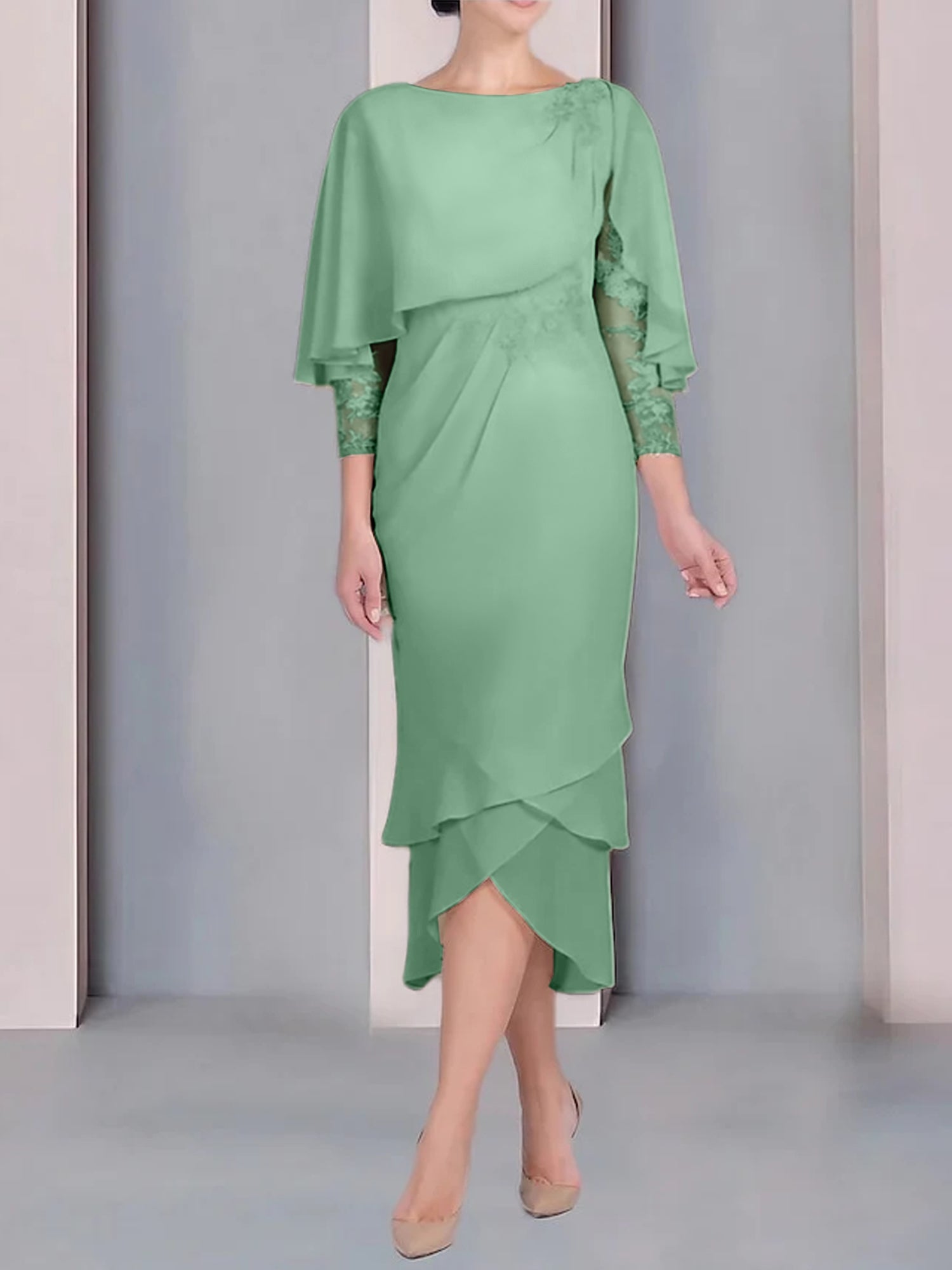 Tea-Length Mother of the Bride Dress with Scoop Neck Short Sleeves and Appliqued Lace