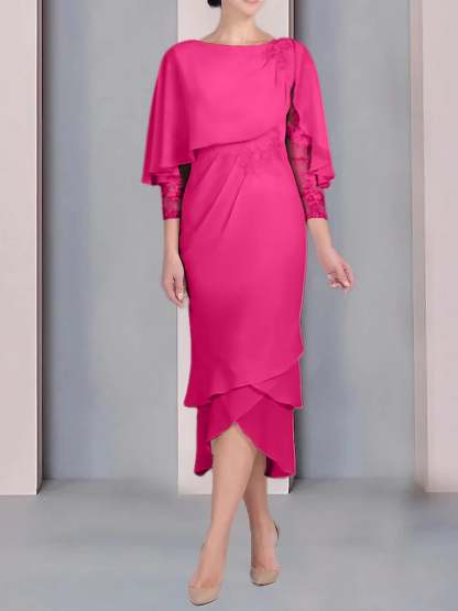 Tea-Length Mother of the Bride Dress with Scoop Neck Short Sleeves and Appliqued Lace