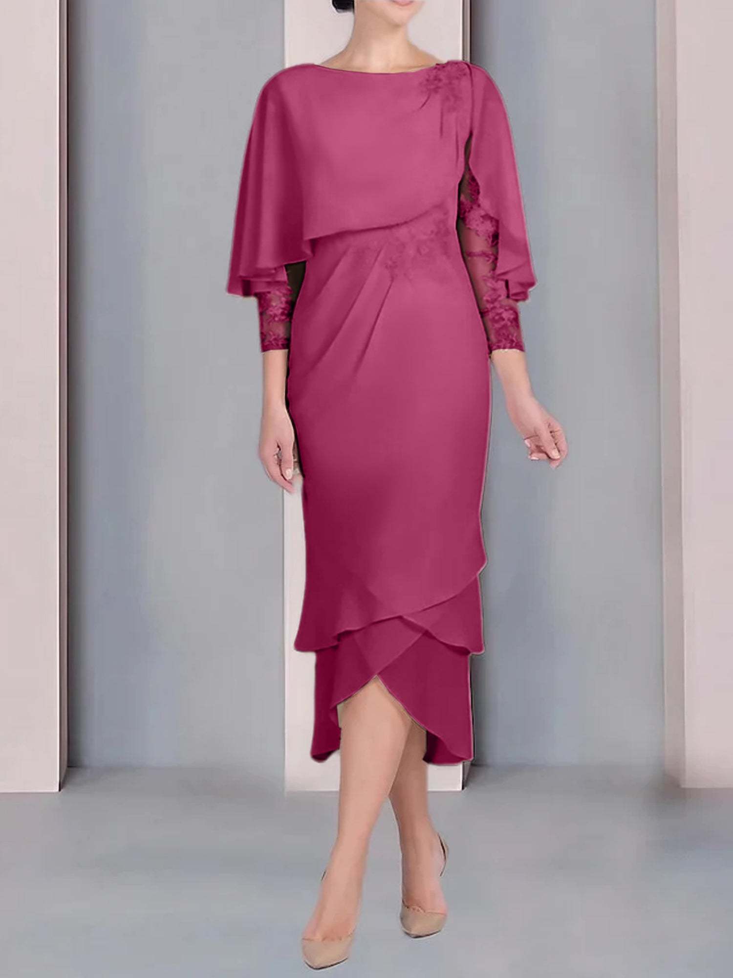 Tea-Length Mother of the Bride Dress with Scoop Neck Short Sleeves and Appliqued Lace