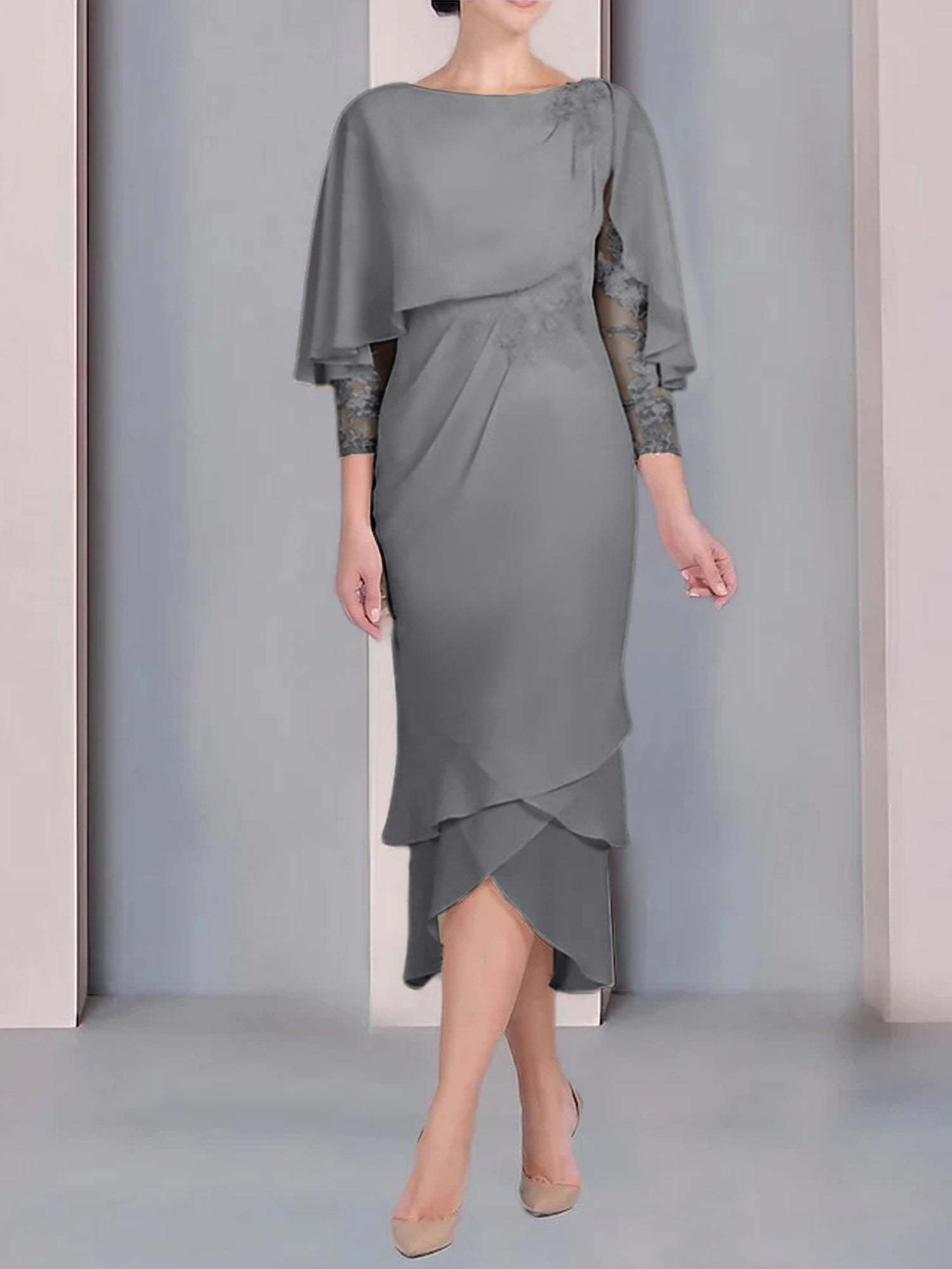 Tea-Length Mother of the Bride Dress with Scoop Neck Short Sleeves and Appliqued Lace