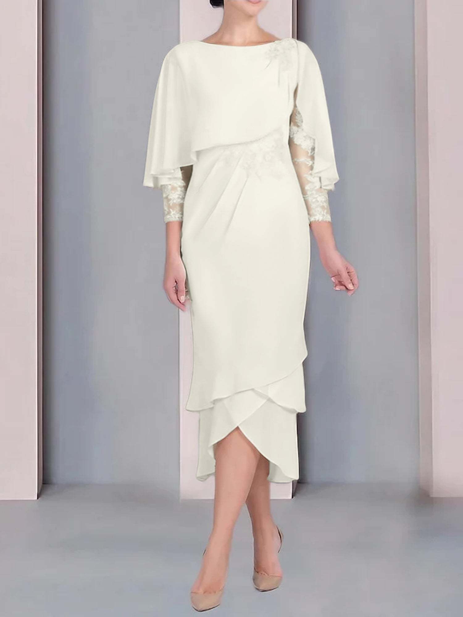 Tea-Length Mother of the Bride Dress with Scoop Neck Short Sleeves and Appliqued Lace