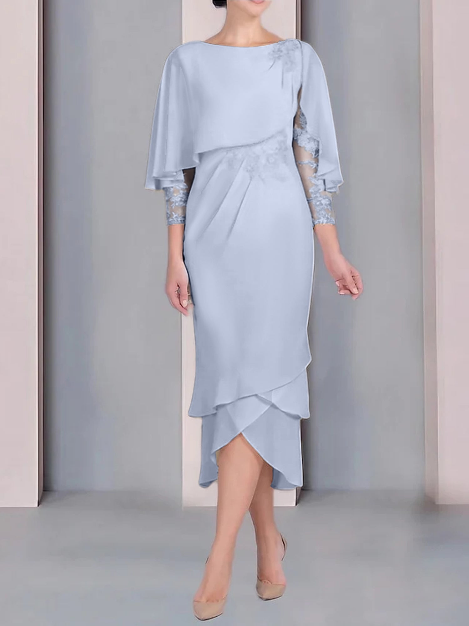 Tea-Length Mother of the Bride Dress with Scoop Neck Short Sleeves and Appliqued Lace