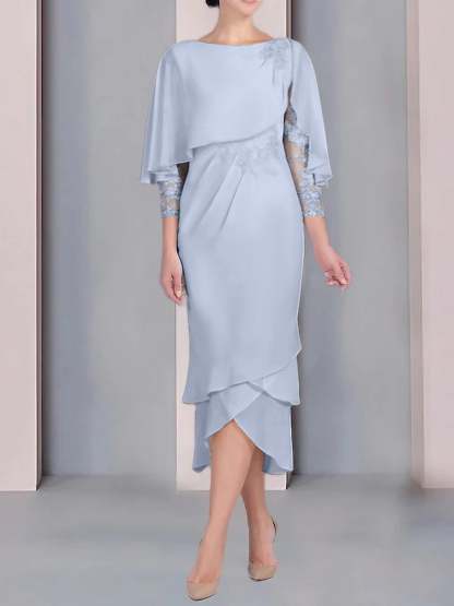 Tea-Length Mother of the Bride Dress with Scoop Neck Short Sleeves and Appliqued Lace