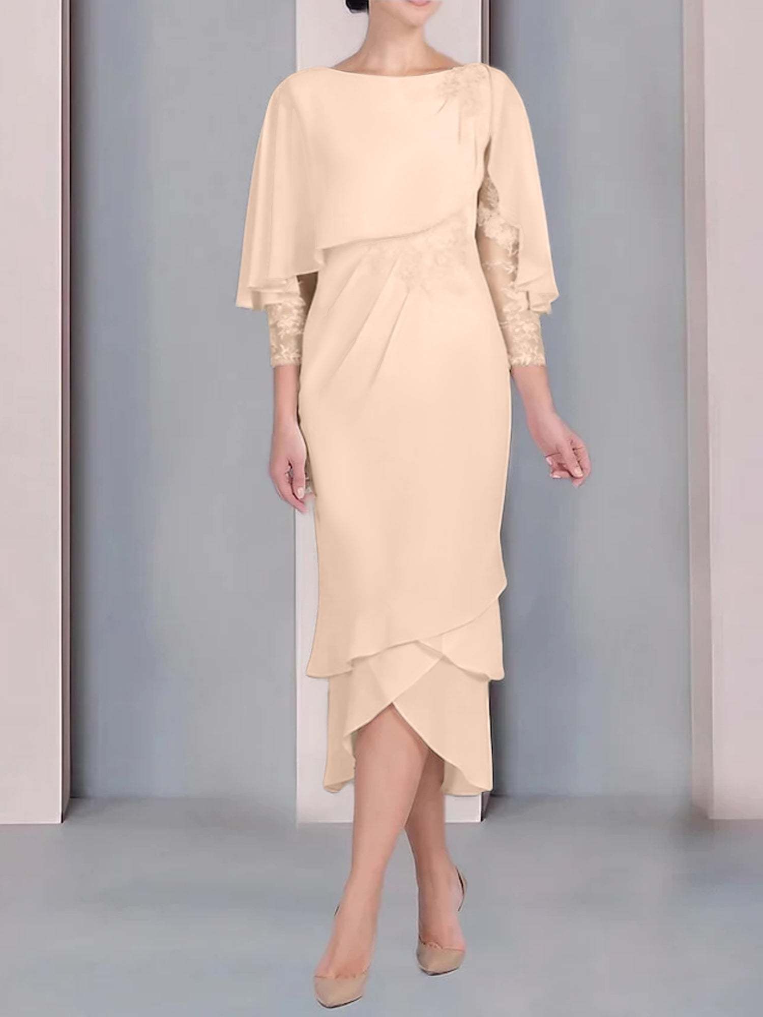 Tea-Length Mother of the Bride Dress with Scoop Neck Short Sleeves and Appliqued Lace