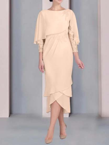 Tea-Length Mother of the Bride Dress with Scoop Neck Short Sleeves and Appliqued Lace