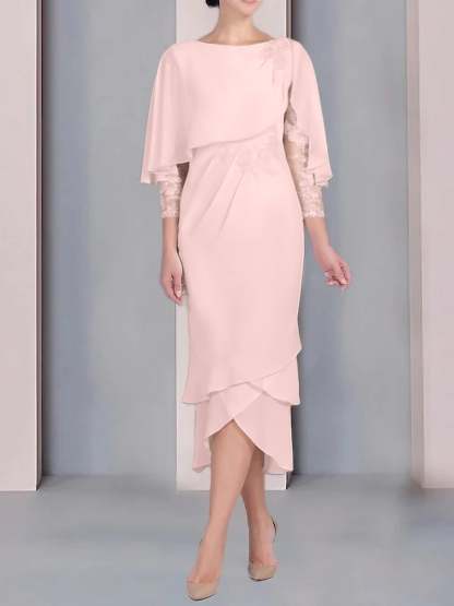 Tea-Length Mother of the Bride Dress with Scoop Neck Short Sleeves and Appliqued Lace