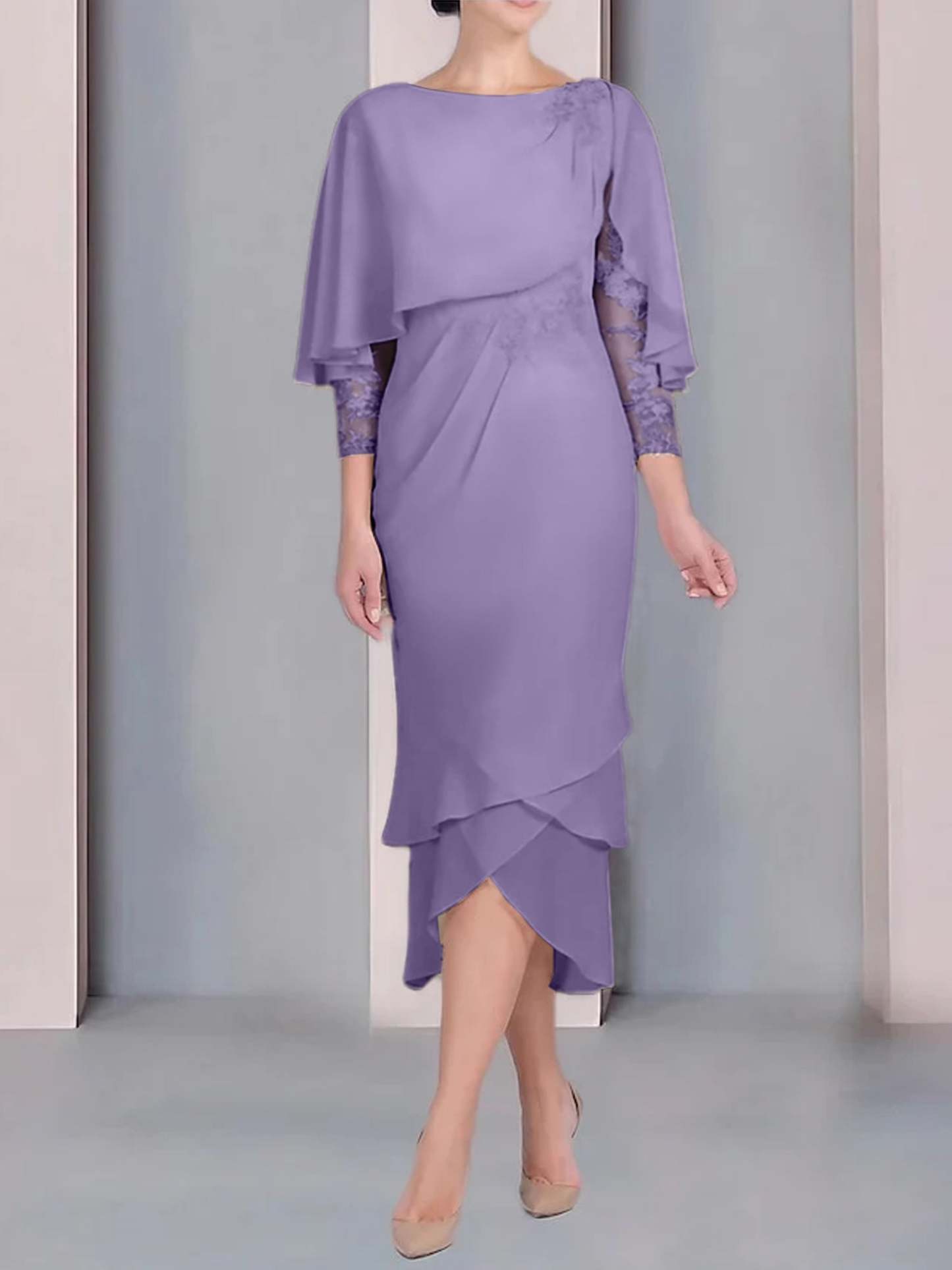 Tea-Length Mother of the Bride Dress with Scoop Neck Short Sleeves and Appliqued Lace