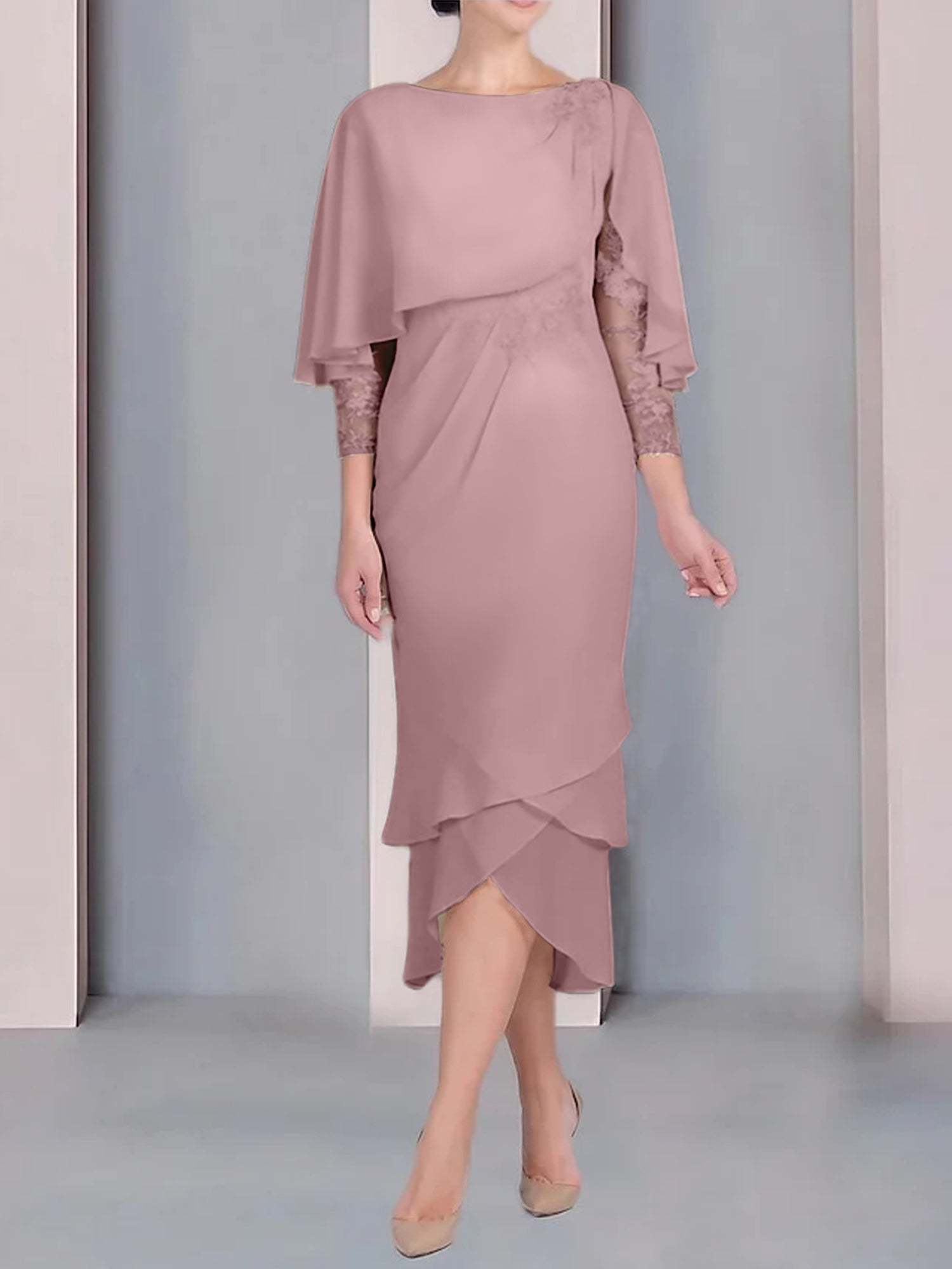 Tea-Length Mother of the Bride Dress with Scoop Neck Short Sleeves and Appliqued Lace