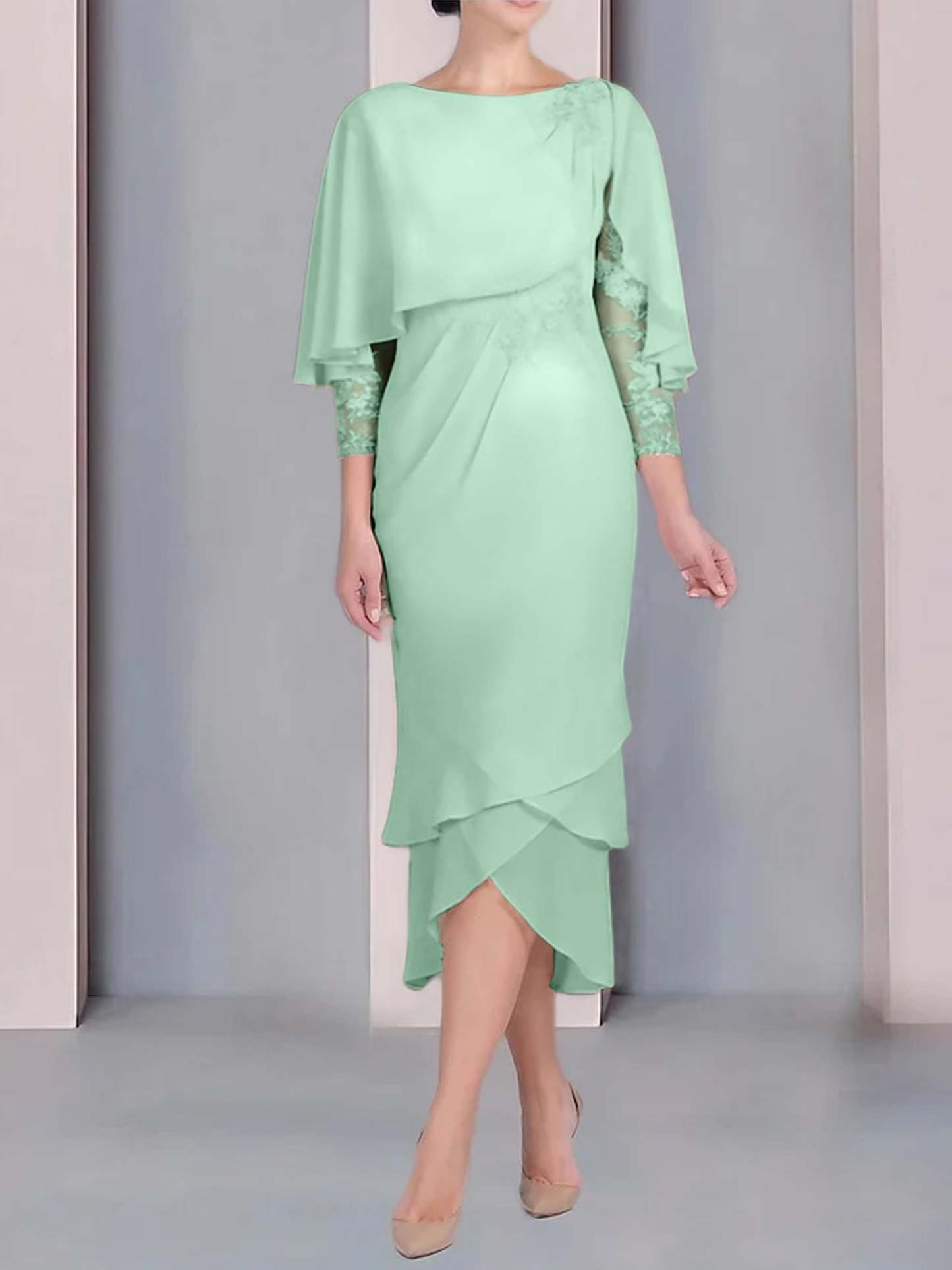 Tea-Length Mother of the Bride Dress with Scoop Neck Short Sleeves and Appliqued Lace