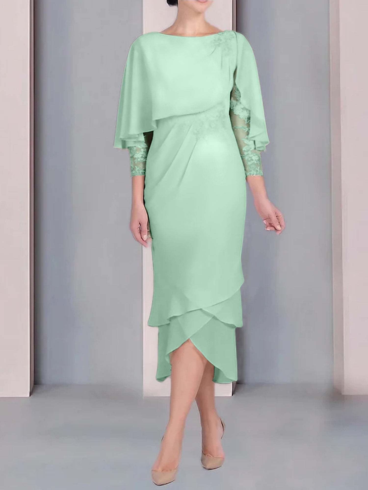 Tea-Length Mother of the Bride Dress with Scoop Neck Short Sleeves and Appliqued Lace