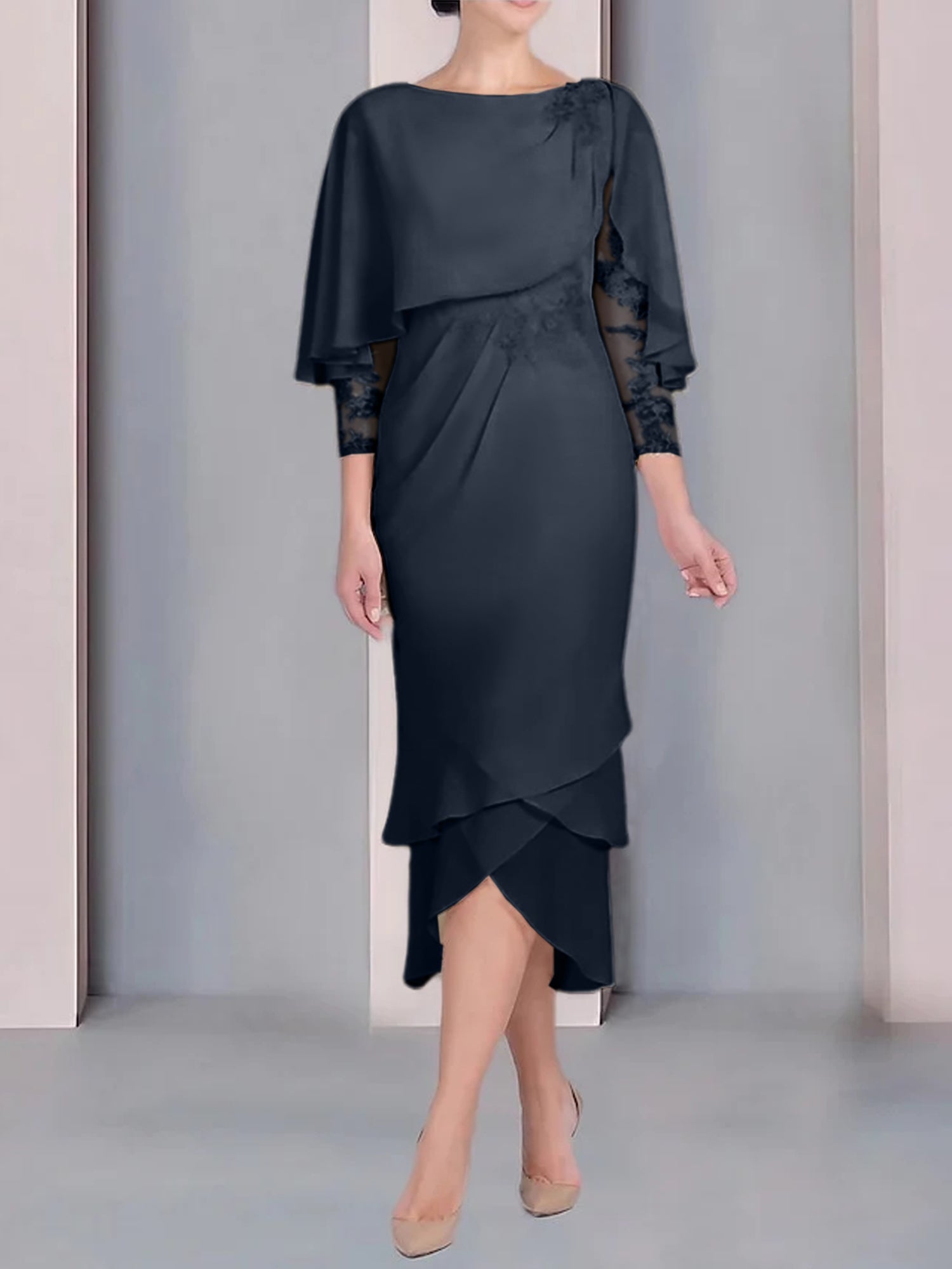 Tea-Length Mother of the Bride Dress with Scoop Neck Short Sleeves and Appliqued Lace