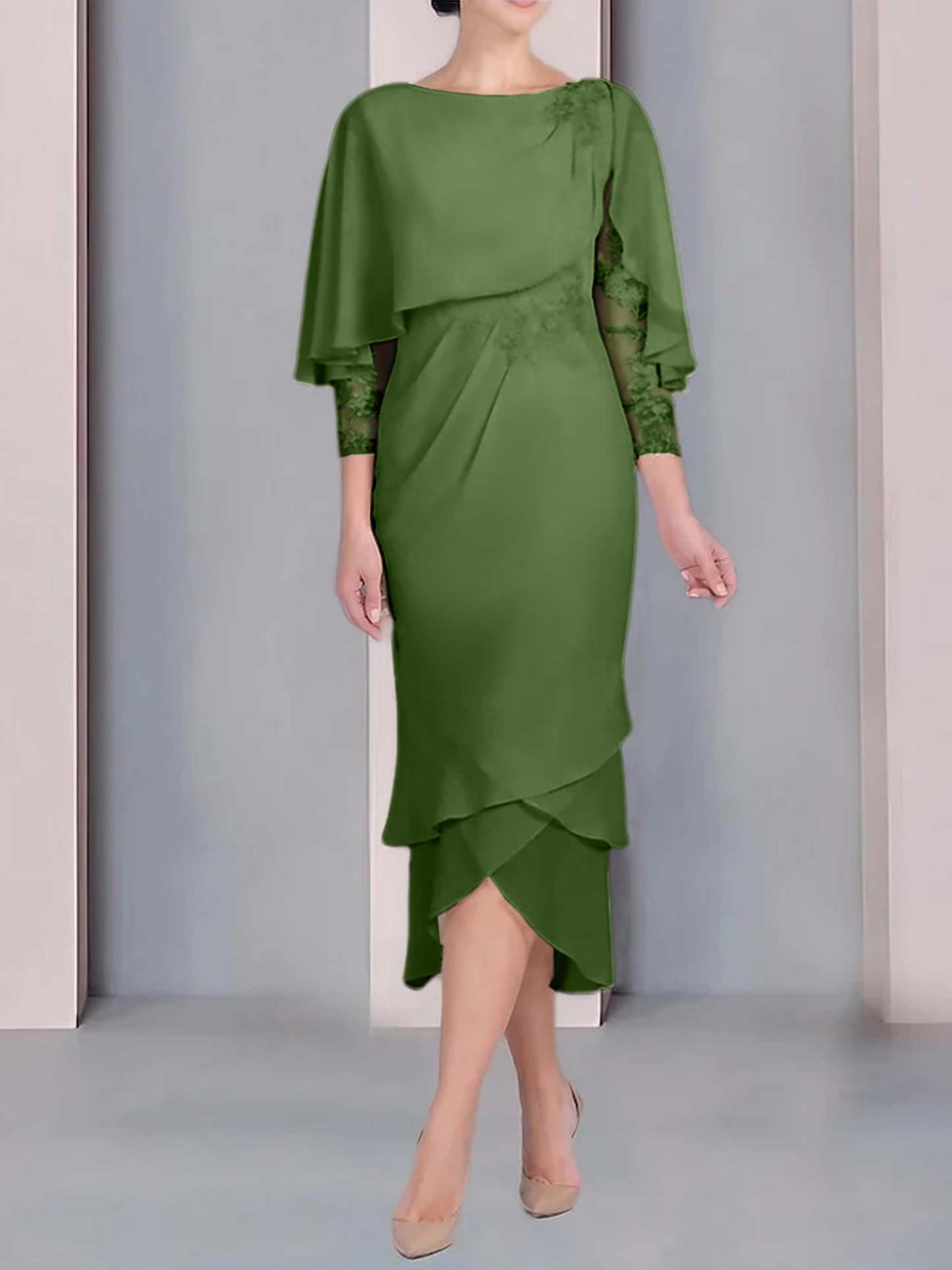 Tea-Length Mother of the Bride Dress with Scoop Neck Short Sleeves and Appliqued Lace