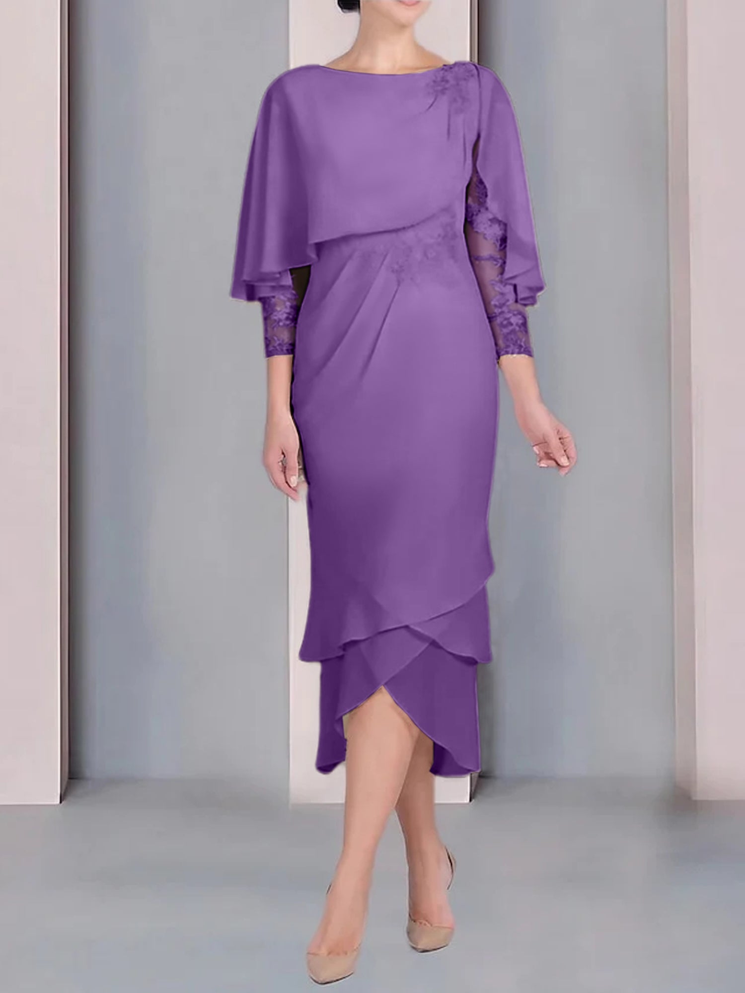 Tea-Length Mother of the Bride Dress with Scoop Neck Short Sleeves and Appliqued Lace