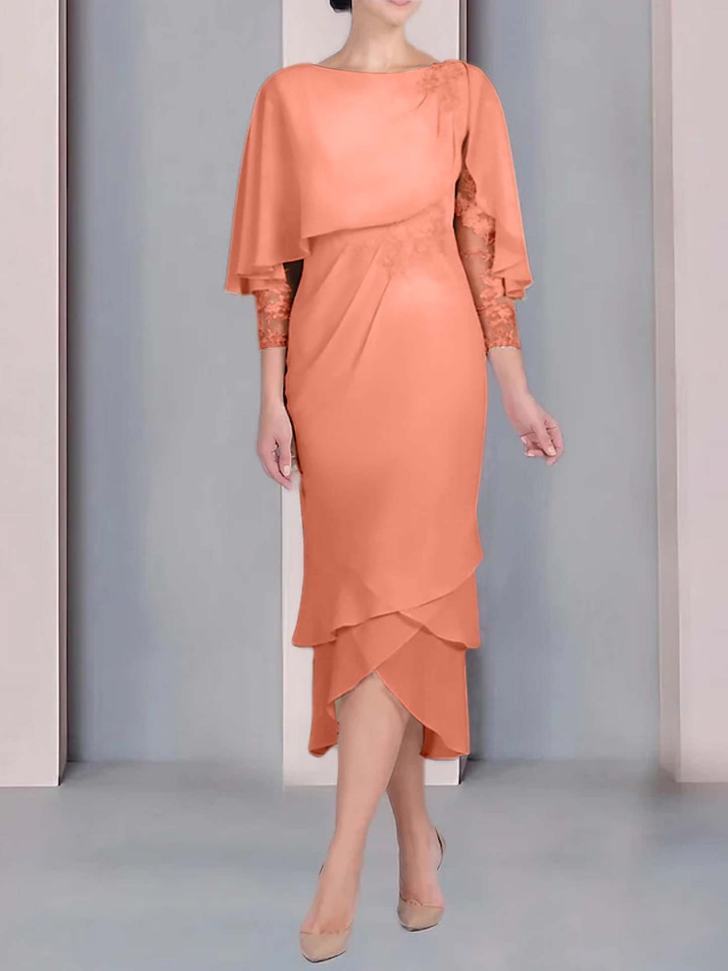 Tea-Length Mother of the Bride Dress with Scoop Neck Short Sleeves and Appliqued Lace