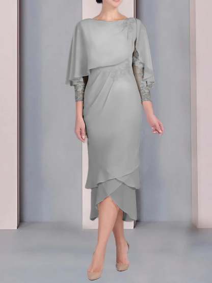 Tea-Length Mother of the Bride Dress with Scoop Neck Short Sleeves and Appliqued Lace
