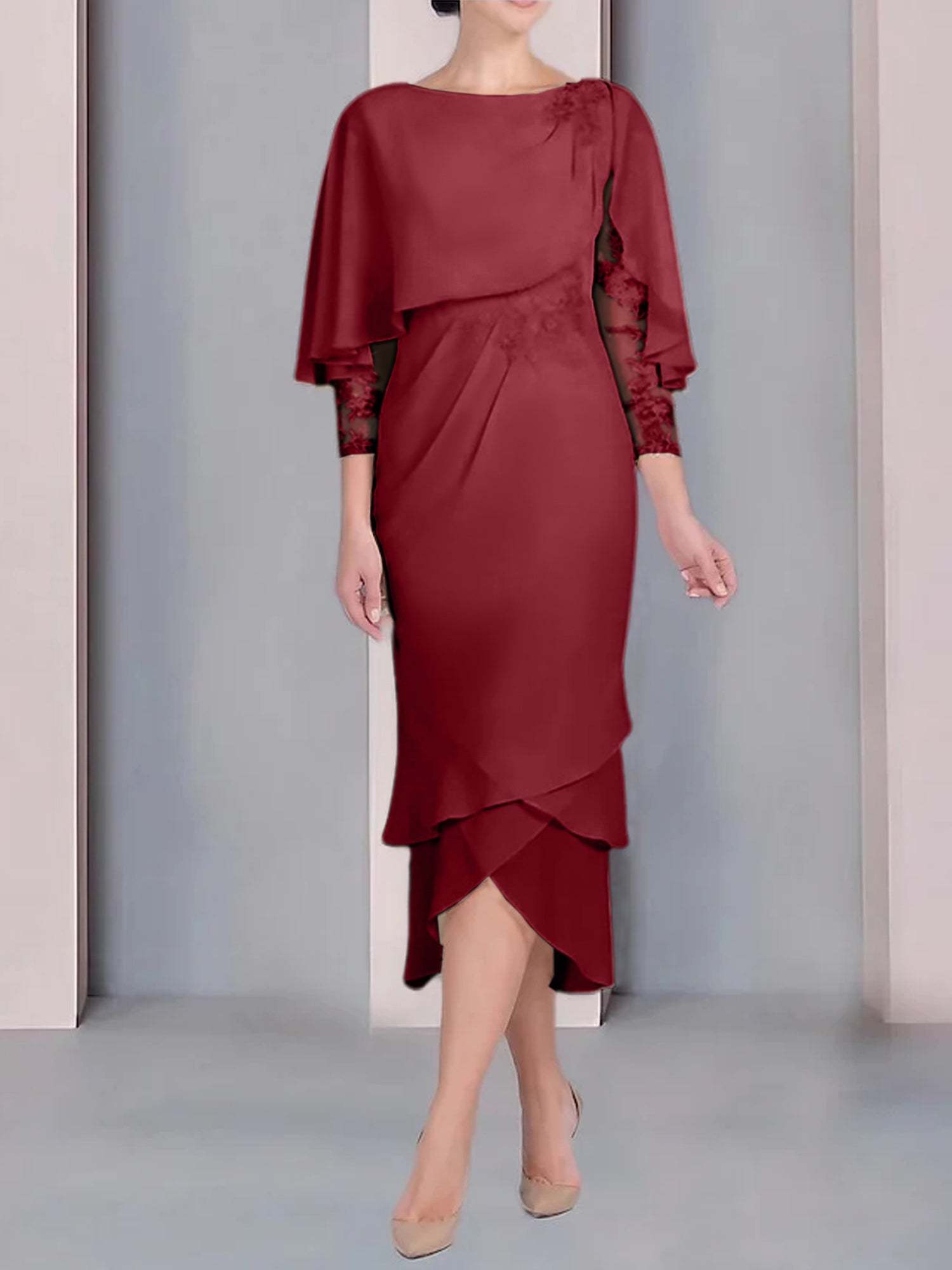 Tea-Length Mother of the Bride Dress with Scoop Neck Short Sleeves and Appliqued Lace