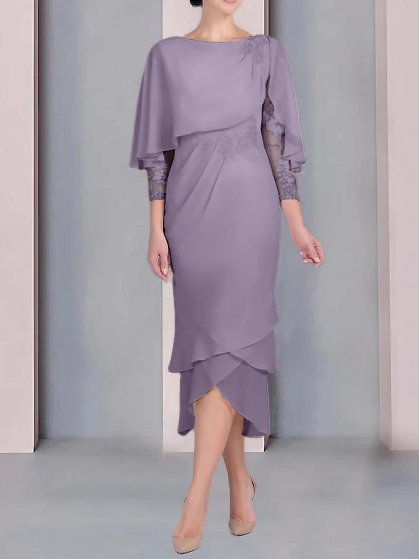 Tea-Length Mother of the Bride Dress with Scoop Neck Short Sleeves and Appliqued Lace