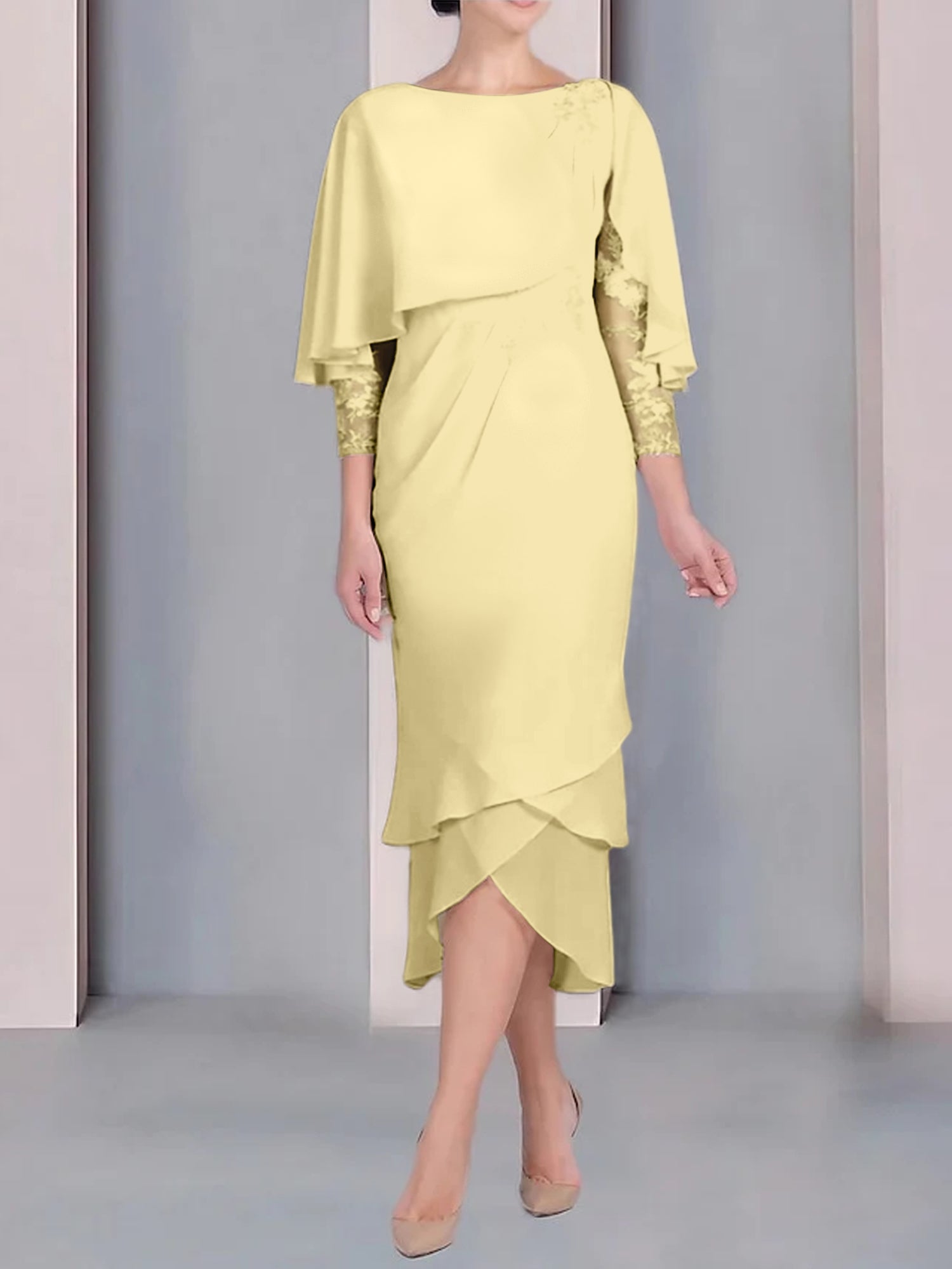 Tea-Length Mother of the Bride Dress with Scoop Neck Short Sleeves and Appliqued Lace