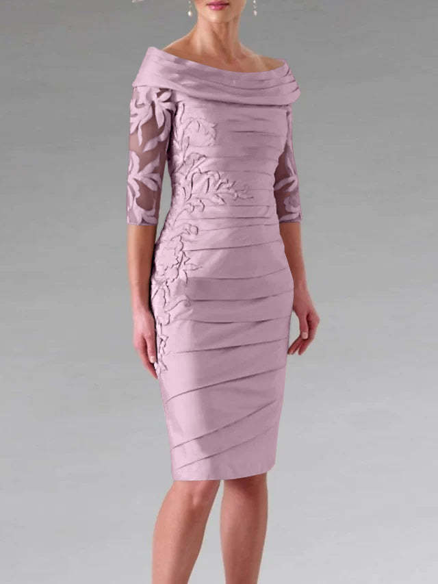 Half-Sleeve Knee-Length Sheath/Column Mother of the Bride Dress with Ruching and Appliques