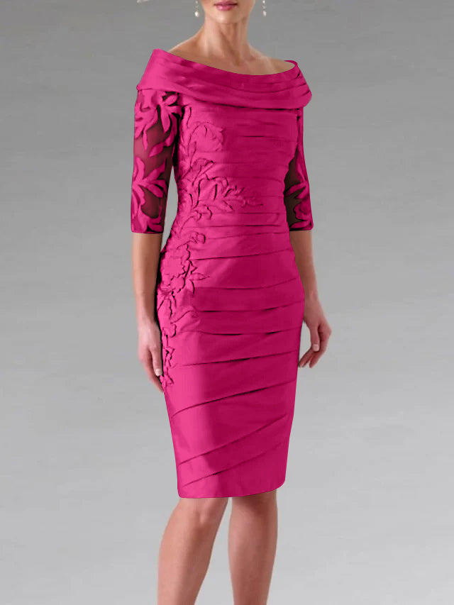 Half-Sleeve Knee-Length Sheath/Column Mother of the Bride Dress with Ruching and Appliques