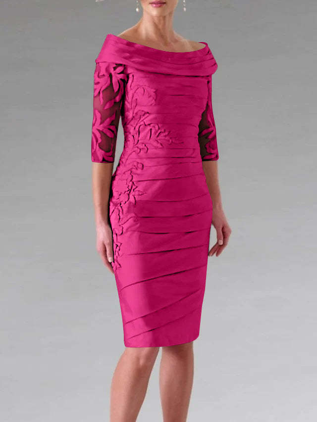 Half-Sleeve Knee-Length Sheath/Column Mother of the Bride Dress with Ruching and Appliques