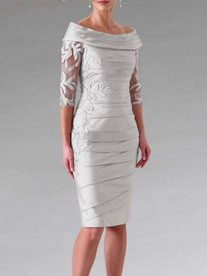Half-Sleeve Knee-Length Sheath/Column Mother of the Bride Dress with Ruching and Appliques