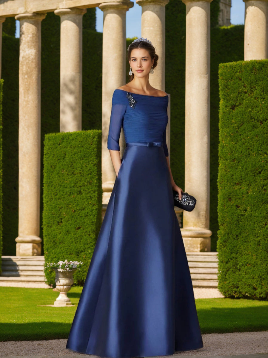Short-Sleeve Off-the-Shoulder A-Line Mother of the Bride Dress with Belt Applique