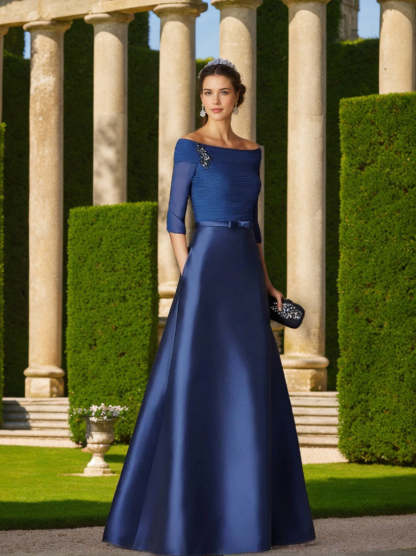 Short-Sleeve Off-the-Shoulder A-Line Mother of the Bride Dress with Belt Applique