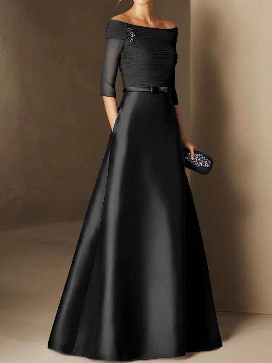Short-Sleeve Off-the-Shoulder A-Line Mother of the Bride Dress with Belt Applique