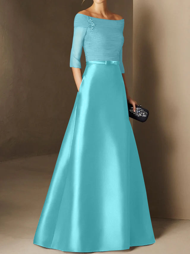 Short-Sleeve Off-the-Shoulder A-Line Mother of the Bride Dress with Belt Applique